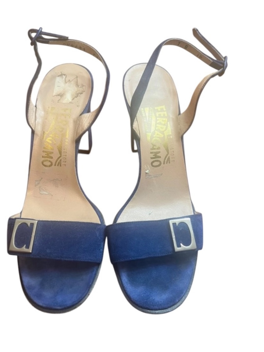 Vintage y2k Salvatore Ferragamo Blue Suede Slingback Block Heels Silver Buckle - Picture 5 of 16